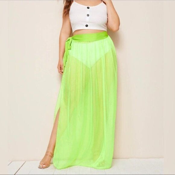 Neon Cover Up High Slit Sheer Beach Skirt - Picture 3 of 5